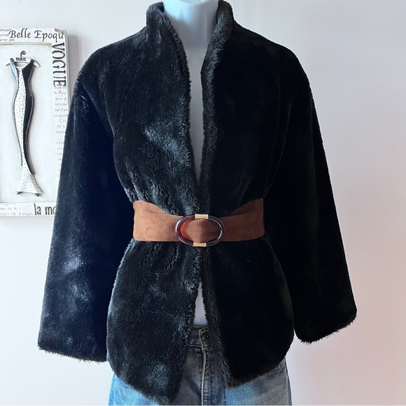 Vintage Scandi Girl Borgana Black Faux Fur Short Coat Size M-L - Picture 3 of 10